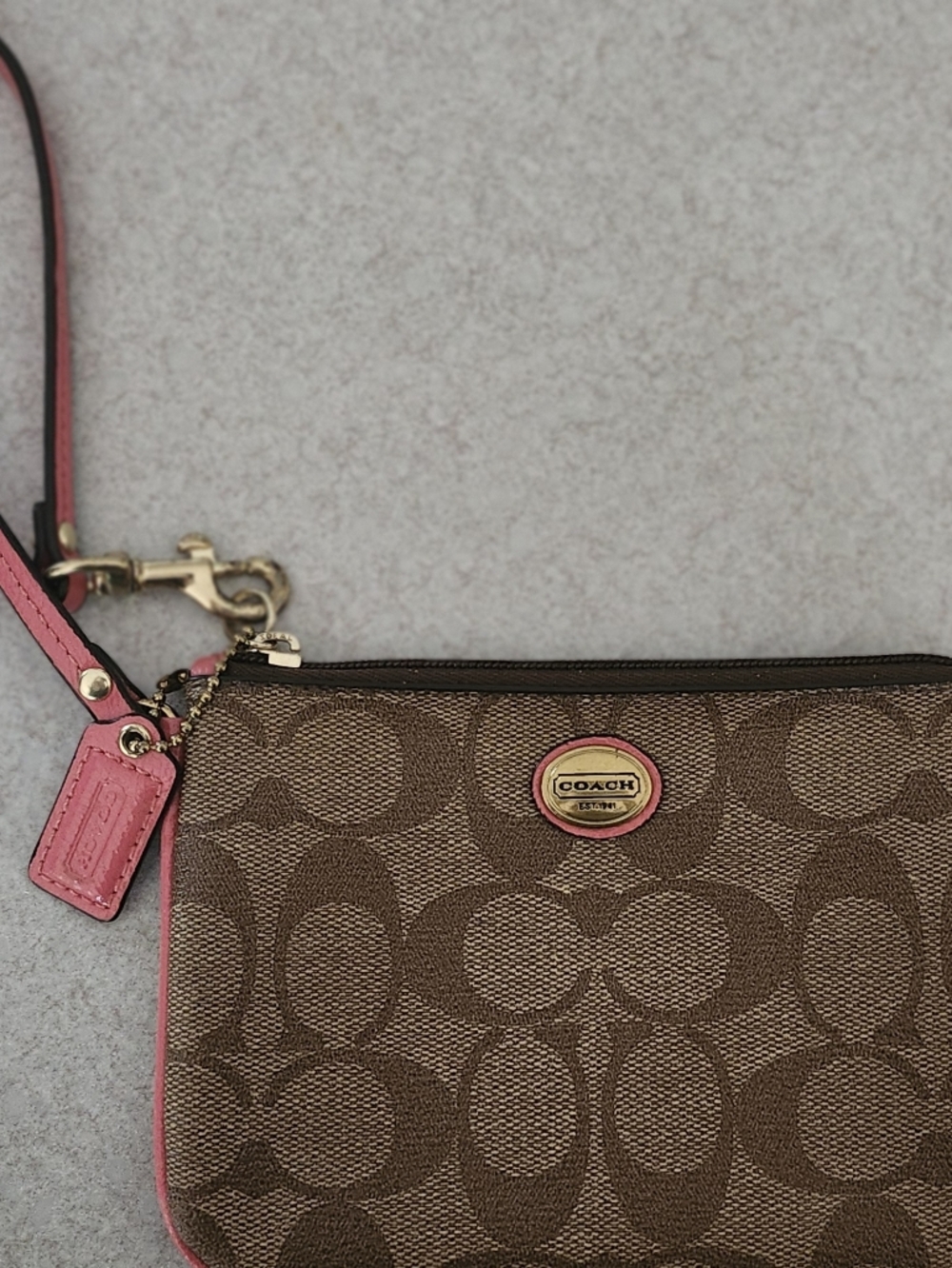 Coach Signature Canvas Wristlet in Brown with Coral Trim